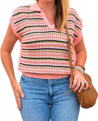 THML Clothing Short Sleeve Collared Striped Knit Top In Pink