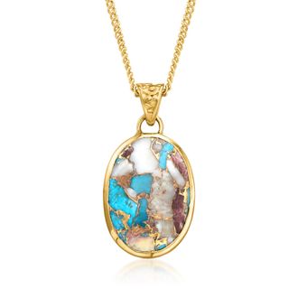 Ross-Simons Oval Kingman Turquoise Pendant Necklace in 18kt Gold Over Sterling