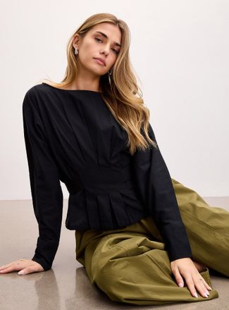 Icone Womens Touch of linen tie ribbons pleated waist blouse