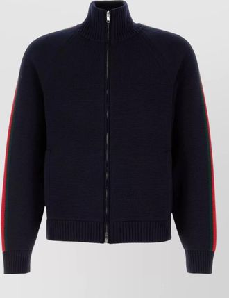 Gucci wool cardigan high collar ribbed trims stripes