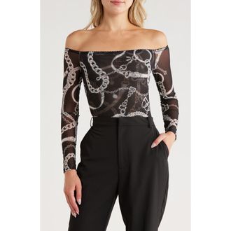 L'agence Peonie Chain Off the Shoulder Mesh Bodysuit in Black/White Buckle Chain at Nordstrom Rack, Size Xx-Small