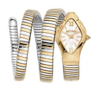 Just Cavalli Womenss Snake Watch, Gold Color Case, White MOP Dial, Two Tone Silver & Gold Color Stainless Steel Bracelet
