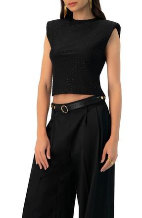 Ivonne Padded-Shoulder Cropped Rhinestone Top in Black at Nordstrom, Size Medium