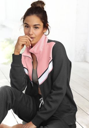 H.I.S Sweatjacke H.I.S, Damen, Gr. 32/34, grau (anthrazit, rosa), angeraute Sweatware, Obermaterial: 100% Baumwolle, mehrfarbig, Basic, Basic h&uuml;ftlang, Ripp