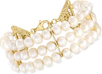 Ross-Simons 6.5-7.5mm Cultured Pearl 3-Row Bracelet in 18kt Gold Over Sterling