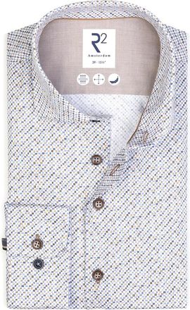 R2 Amsterdam Blauw Mini Print Stretch Overhemd - Heren - Casual Overhemden - Veelkleurig - M - Katoen - Overhemden