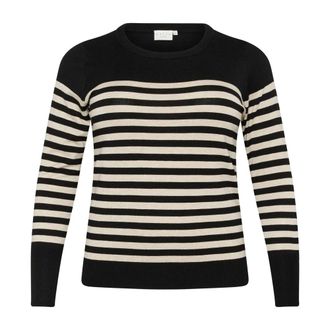 Kaffe Curve Gestreepte Gebreide Trui Zwart/Grijs Mel. Streep - Dames - Ronde hals truien - Zwart - S - Truien & Vesten