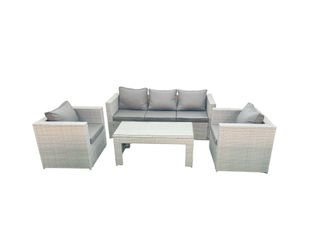 Fimous Rattan Garden Furniture Set 4 Pieces Outdoor Garden Sofa Oblong Coffee Table Set with 2 Chairs Light Grey Mixed