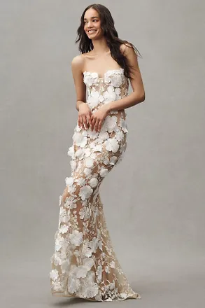 Bronx and Banco Jasmine Strapless Floral Appliqu&eacute; Sheer Maxi Dress