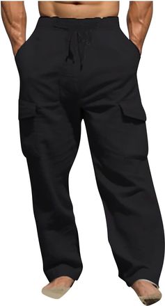 Generic Work Trousers Men Elasticated Waist Drawstring Pants Solid Baggy Cargo Trouser Wide Leg Combat Pant Casual Bottoms with Pockets Mens Hiking Climbing C