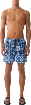 Camilla Elastic Waist Mid Length Boardshorts In A Tiled Wonderland