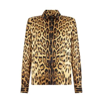 Roberto Cavalli Shirts, female, Brown, Size: XS Silk Shirt With Jaguar Skin Print