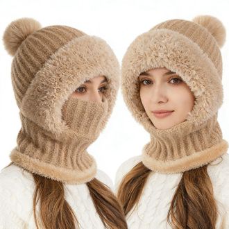 Generic 3 in 1 Beanie Hat for Women, Knitted Beanies with Scarf and Mask Attached,Windproof Ladies Winter Hat with Warm Fleece Linning, Balaclava Hoodie Neck 