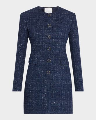 St. John Sequined Micro Check Tweed Long Jacket