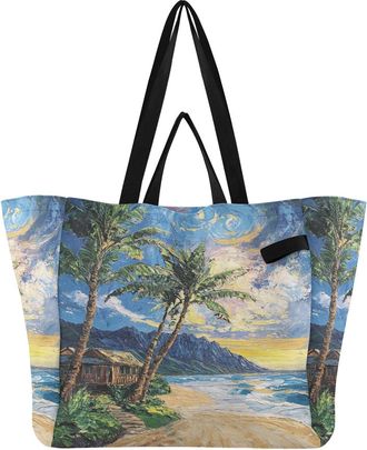 Generic Blue Palm Beach print Reusable Canvas Tote Bag, Heavy Duty Grocery Shopping Bag with Double Handles Hard Bottom Large Capacity Work Groceries Travel