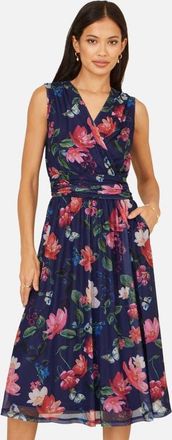 Yumi Floral Print Mesh Stretch Midi Dress in Navy at Nordstrom, Size 8