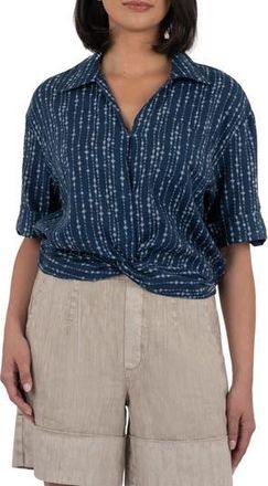 Kut from the Kloth Rebel Printed Knot Front Linen Blend Top in Inca Navy Ivory at Nordstrom Rack, Size X-Small