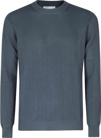 Roberto Collina Blue Ribbed Crew-Neck Merino Wool Sweater