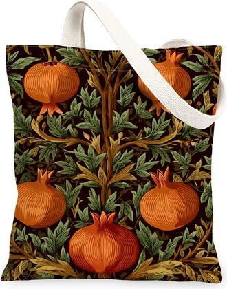 Generic Vintage Floral Canvas Tote Bags, Pomegranate Pattern Reusable Grocery Bags, Lightweight Washable Shoulder Strap for Outdoor, Brown, 13x15 Inch