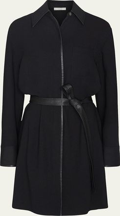 Vince Leather-Trim Belted Knee-Length Shirtdress