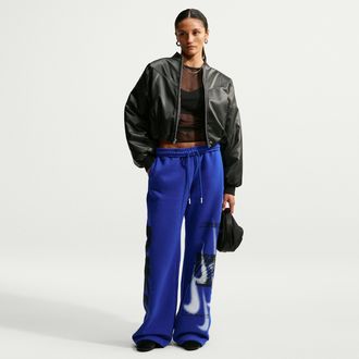 Nike Womens Studio Fleece Weight Oversized High-Rise Straight-Leg Graphic Pants in Blue | IV4956-417