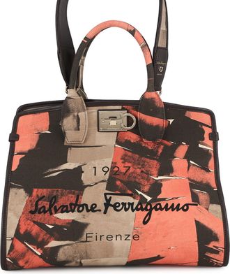 Ferragamo Beige Brown Pink Canvas Pouch Tote Bag (Pre-Owned)