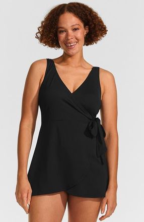 Lands End Mastectomy Long Side Tie Mini Swim Dress Swimsuit in Black at Nordstrom, Size 14