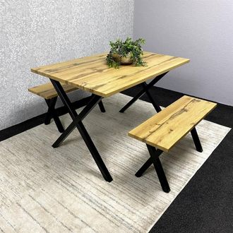 Kosy Koala Dining Table & 2 Benches Set Wooden With Metal Legs for Dining Room in Brown