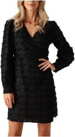 Object Objdaria L/S RE Short Wrap Dress DA - Dames - Korte kleedjes - Zwart - XS - Polyester - Kleedjes