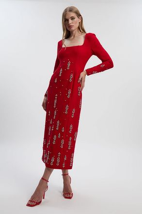 Karen Millen Womens Petite Crystal Embellished Scuba Crepe Bandeau Midi Dress - Dark Red - Size 12 UK