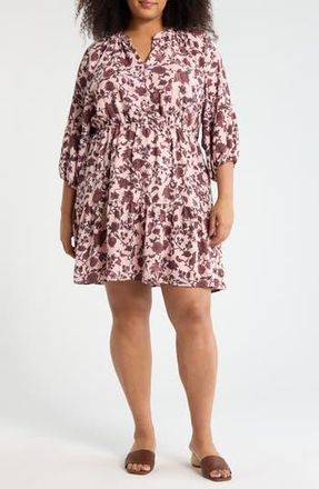 Melrose and Market Balloon Sleeve Fit & Flare Dress in Pink- Navy Paisley Floral at Nordstrom Rack, Size 1X