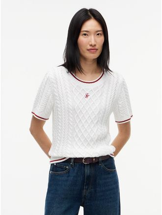 Tommy Hilfiger Womens Short-Sleeve Mixed-Knit Tipped Sweater - Ecru - XXS
