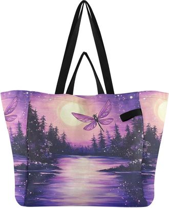 Generic Dragonfly Moon Purple print Reusable Canvas Tote Bag, Heavy Duty Grocery Shopping Bag with Large Capacity Hard Bottom Double Handles Work Groceries Tr