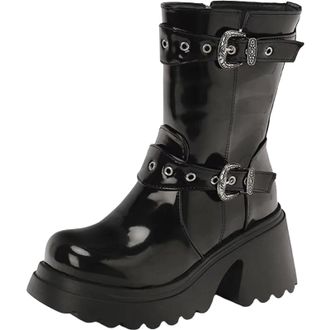 Generic Womens Mid Calf Boots Round Toe Super High Stout Heel Platform With Functional Side Zipper And Belt Clip Details