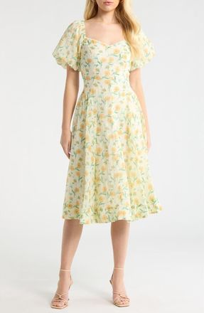 ASTR the Label Mayra Puff Sleeve Midi Dress in Yellow Multi Floral at Nordstrom, Size X-Small