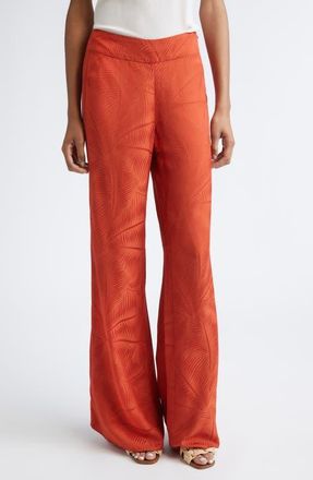 Johanna Ortiz Laid Back Energy Palm Jacquard Wide Leg Satin Pants in Rust at Nordstrom, Size 10
