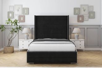 Sloomy Sterling Plush Bed Frame With 50 Upholstered Wingback Headboard in Black | Size: Double