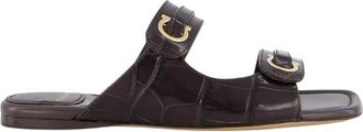 Ferragamo Bruine Alligator Dubbele Strap Sandaal - Dames - Sandalen - Bruin - 35 EU - Leer - Schoenen