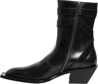 Dolce & Gabbana Mens Black Leather Dg Plaque Mid Calf Boots Shoes
