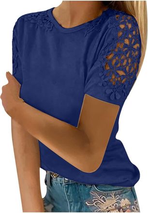 Generic Ladies Tops Elegant Short Sleeve Solid Crewneck Lace Top Pullover Party Business Office Shirts Womens Casual Fashion Blouse for Spring/Summer Cotton T