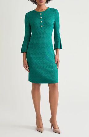 Ming Wang Tonal Multistitch Bell Sleeve Sheath Dress in Everest at Nordstrom, Size X-Small
