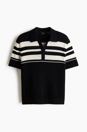 H&M Regular Fit Pointelle-knit Polo Shirt in Black/color Block at Nordstrom, Size Xx-Large