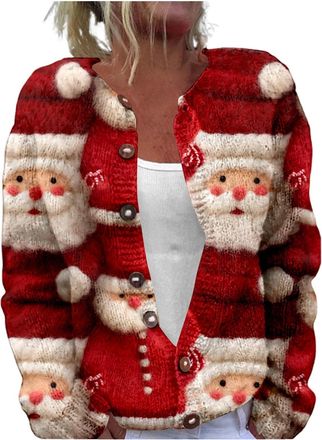 Generic Christmas Cozy Cardigans for Women UK Print Long Sleeve V-Neck Sweaters Chunky Button Down Cablle Knit Cardigan Loose Funny Graphic Sweater V-Neck Car
