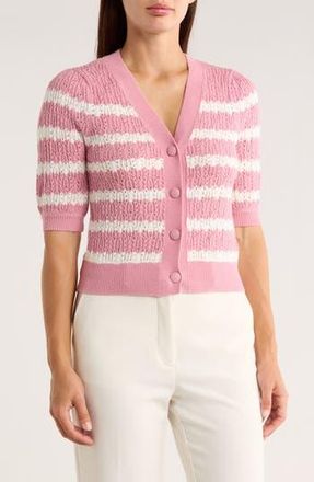 Ellen Tracy Stripe Short Sleeve Pointelle Cardigan in Orchid Pink at Nordstrom Rack, Size Medium