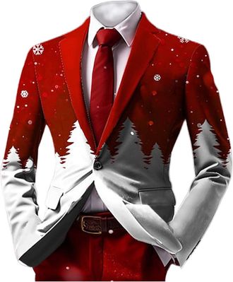 Generic Mens Christmas Suit with Xmas Tree Printed Party Lapel Single Button Long Sleeved Sports Jacket - Lightweight Pocket Classic Jacket for Men