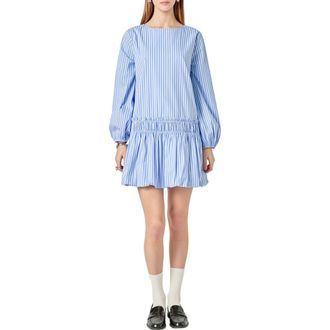 English Factory Stripe Long Sleeve Cotton Blend Minidress in Powder Blue at Nordstrom, Size X-Small