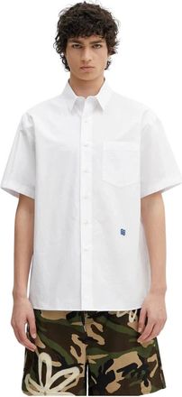 Ader Error Overhemden, Heren, Wit, L, Katoen, Sig; BL Tag Half Sleeve Shirt