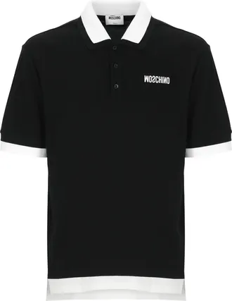 Moschino Black Double Collar Embroidered Logo Cotton Polo Shirt