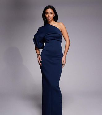 Asos Petite ASOS DESIGN Petite - Vestito lungo monospalla arricciato in tessuto scuba blu navy