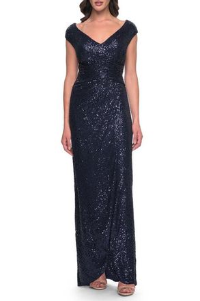 La Femme Sequin Evening Dress with Ruching and V Neckline in Navy at Nordstrom, Size 10